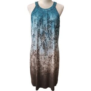 White House Black Market Women's Dress L Blue Brown Snakeskin Print Halter Midi